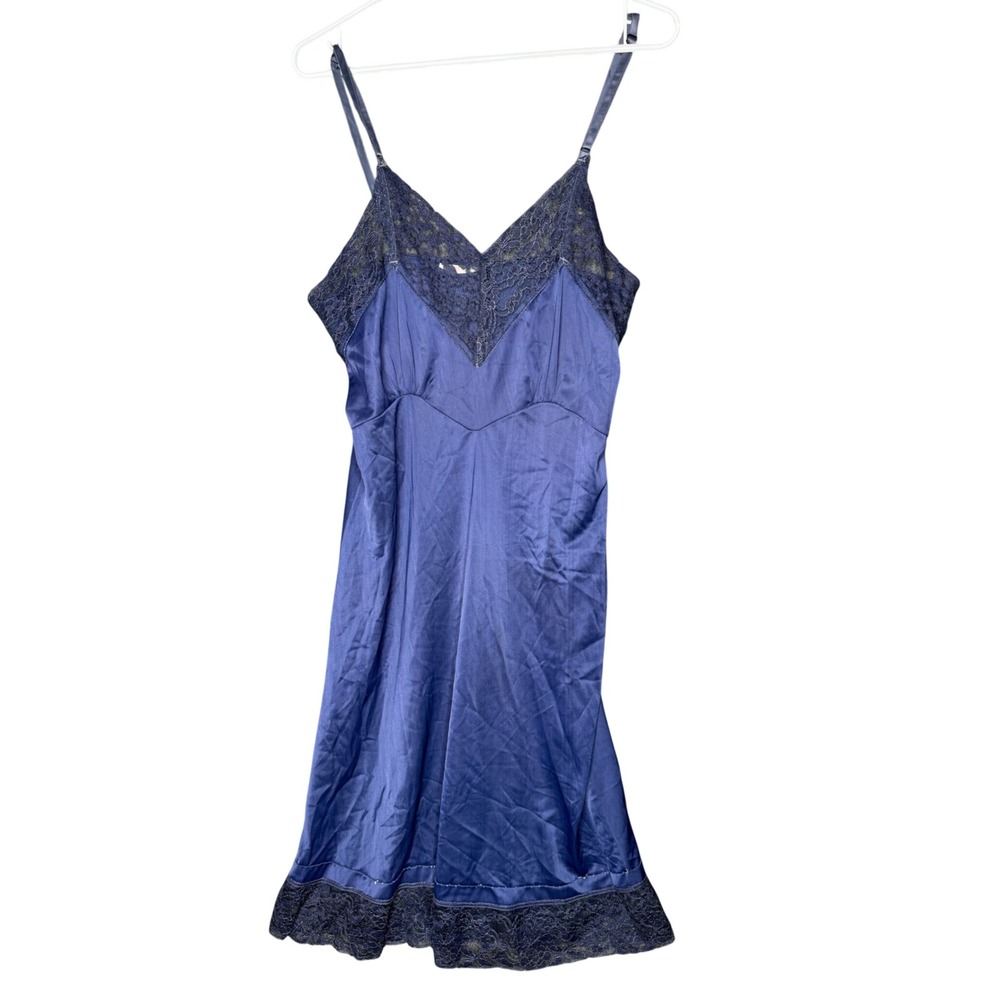 40s 50s Vintage Strainless Blue Satin Lace Trim Full Slip Dress Size 34
